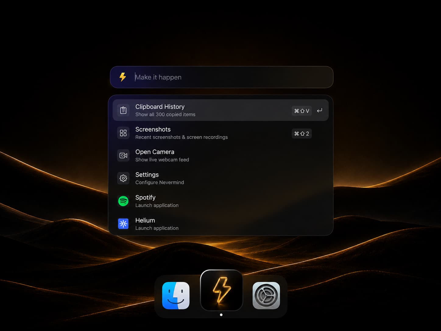 Nevermind command palette showing AI-built Screenshot and Open Camera extensions